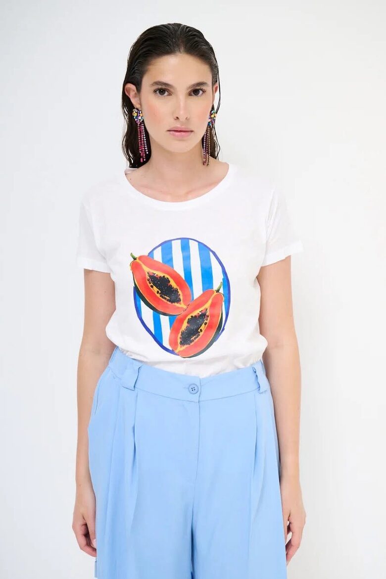 Cherry Blue fehér alapon mintás nyári női póló 