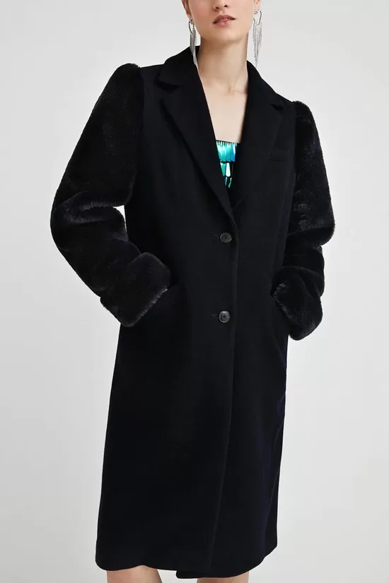 Desigual egyenes szabású, elegáns fekete női gyapjú kabát