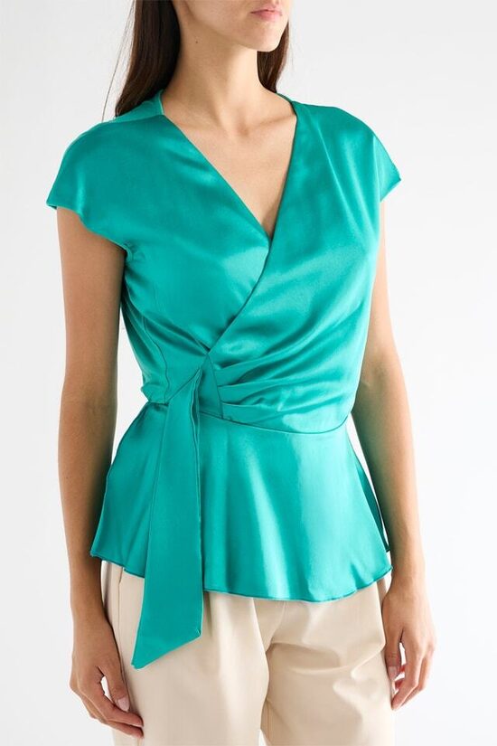 Rinascimento türkiz átlapolt szatén női blúz 