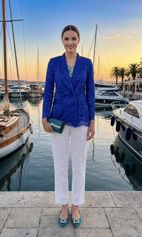 Rinascimento elegáns királykék csipke blézer 