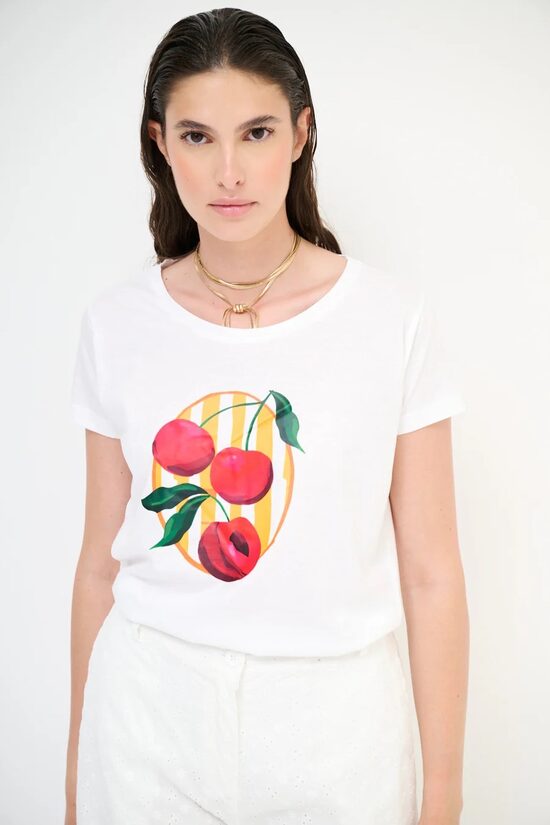 Cherry Blue fehér alapon mintás női póló