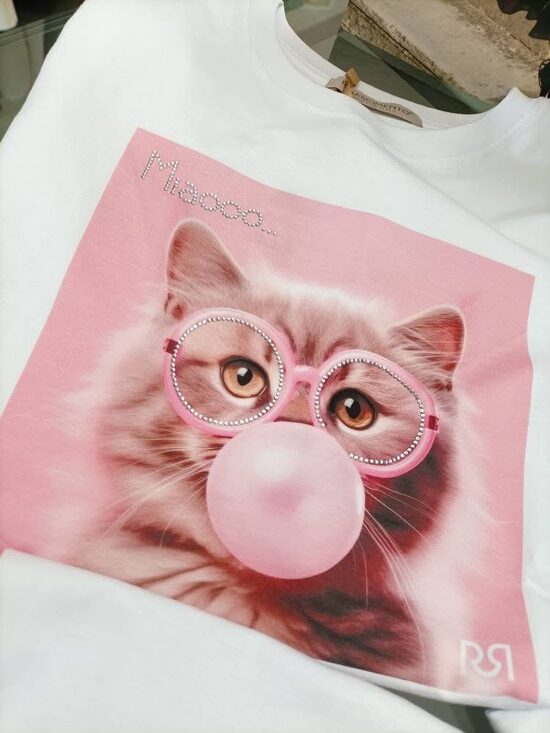 Rinascimento fehér női pamut póló cica mintával